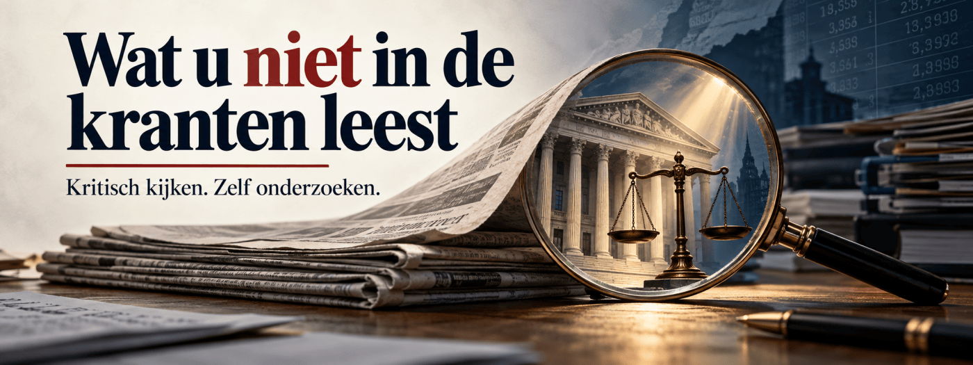 Wat u niet in de kranten leest – Kritisch kijken. Zelf onderzoeken. Een vergrootglas boven een stapel kranten toont een gerechtsgebouw met een weegschaal.